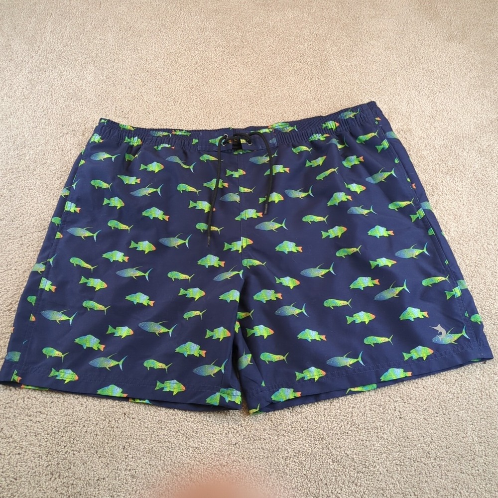Reel Legends Swim Trunks Mens XL Navy Blue AOP All Over Print Fish Board Shorts